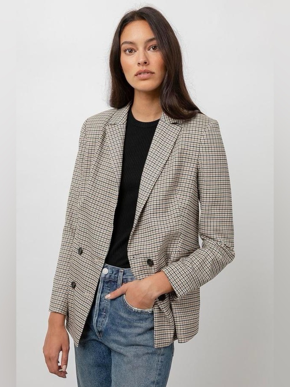 Rails Checked Double-Breasted Blazer in Black and Cream